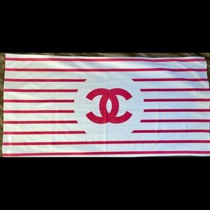 Big Chanel Paris Logo Pink Striped Beach Towel
